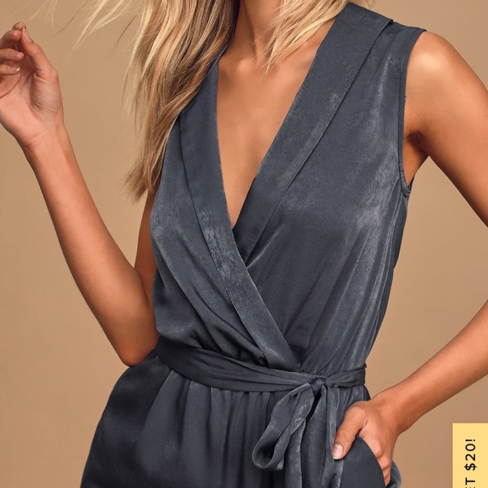 Love like that washed navy blue satin jumpsuit from Lulu’s